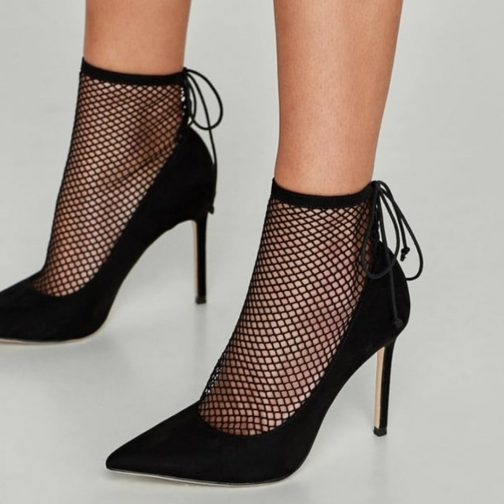 {Zara} Black High Heel Fishnet Ankle Boots - Picture 5 of 8